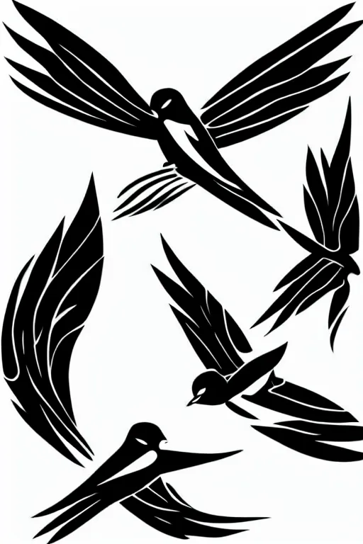 Image similar to a simple tattoo design of swallows flying into lines and basic shapes, black ink, abstract logo, line art