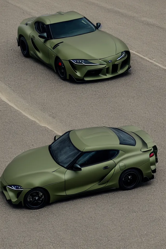 Image similar to Matte olive green Toyota Supra mk5 on highway, hyper realistic, car photography, 8k,