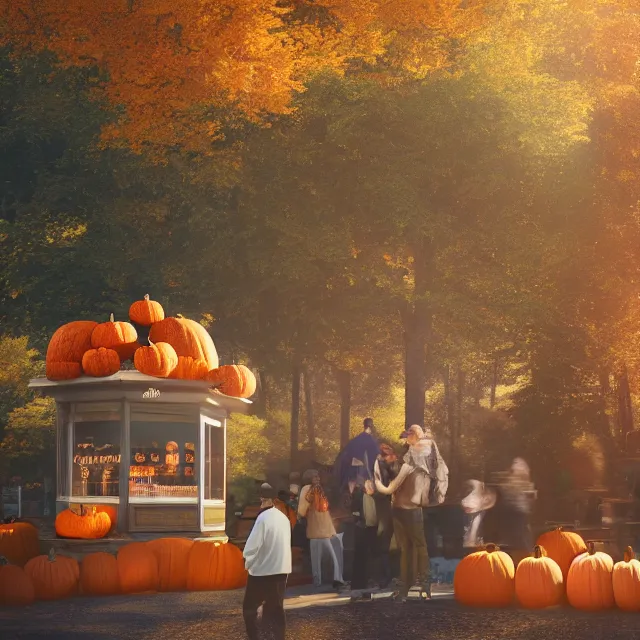 Prompt: pumpkin headed people ordering coffee at a coffee stand, maple trees with fall foliage, woodstock vermont, volumetric, realistic, cinematic lighting, ray tracing, unreal engine 5, octane render, hyper realistic, photo, 8 k