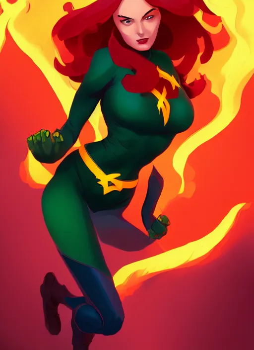 Prompt: jean grey phoenix, green suit, flames, in the style of artgerm and charlie bowater and atey ghailan and mike mignola, vibrant colors and hard shadows and strong rim light, epic lighting, comic cover art, plain background, trending on artstation, detailed