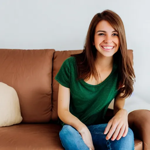 Image similar to a cute young woman smiling, long shiny bronze brown hair, full round face, green eyes, medium skin tone, light cute freckles, smiling softly, wearing casual clothing, relaxing on a modern couch, interior lighting, cozy living room background, medium shot, mid-shot, soft focus