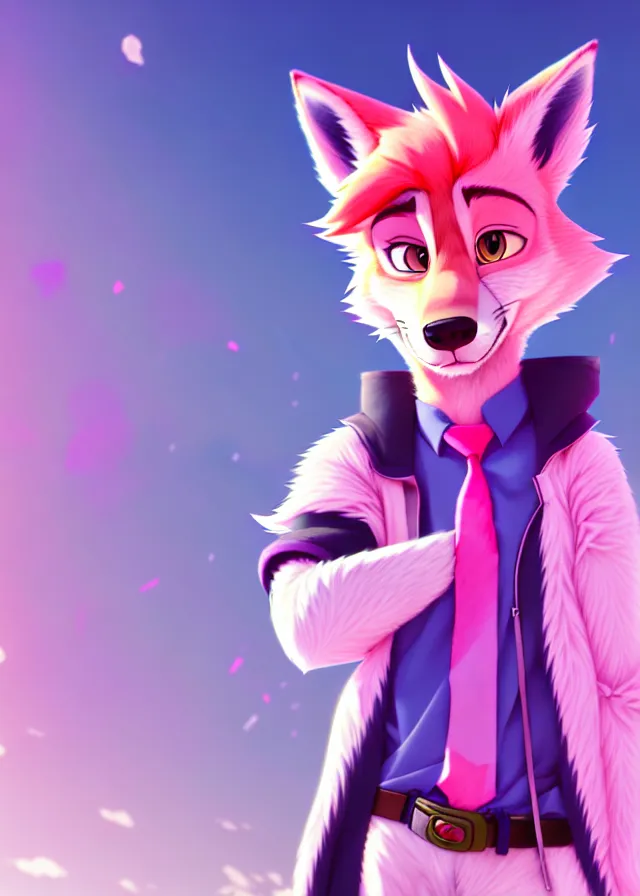 Image similar to portrait of a cute male anime wolf with pink hair and pink wolf ears and freckles stylish clothes in a city in the style of zootopia, volumetric lighting, subsurface scattering, photorealistic, octane render, random artists