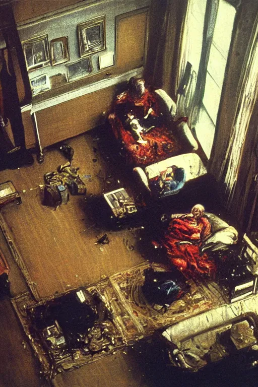 Image similar to realistic detailed image of an overhead view of an old couple sitting on a couch in old living room style of Francis Bacon and Greg Rutkowski, overhead view interior room, messy living room. Still from 1982 movie The Thing. Beksiński Masterpiece