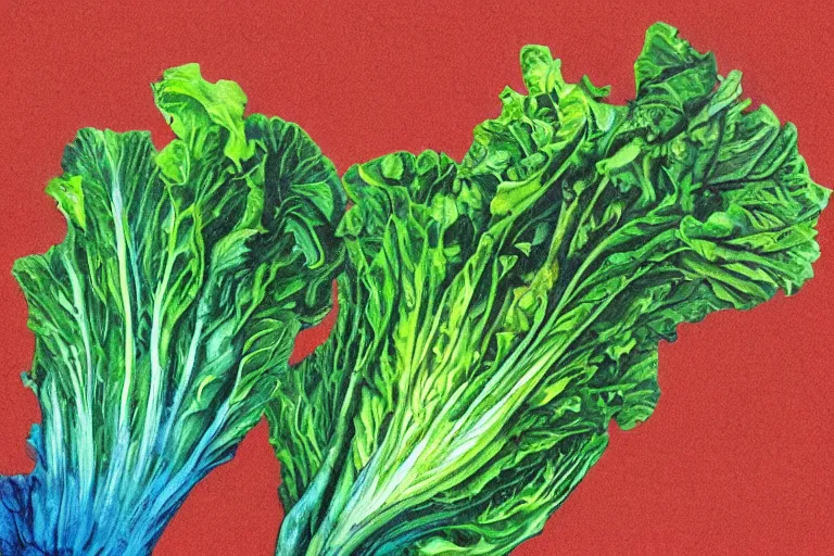 Prompt: romaine lettuce,painted by Edward Gorey and Paul Wenzel and George Barr and Stephen Youll,trending on artstation, iridescent cool blue and cyan and red and blue and yellow and green lighting front view futuresynth , outrun , vibrant colors, Sabattier filter , Watercolor