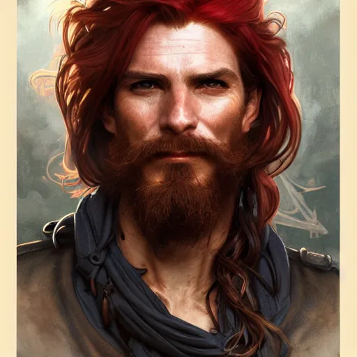 Image similar to portrait of a young ruggedly handsome but joyful pirate, male, masculine, upper body, red crimson hair, long hair, fantasy, devious smirk, intricate, elegant, highly detailed, digital painting, artstation, concept art, matte, sharp focus, illustration, art by artgerm and greg rutkowski and alphonse mucha