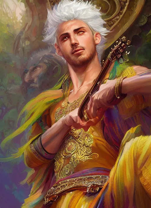 Image similar to a beautiful detailed painting of a gypsy male bard in colorful rainbow firion ornate robes robes, pale skin, white hair, yellow eyes, master of dreams art by jon foster trending on artstation painted by greg rutkowski, painted by stanley artgerm