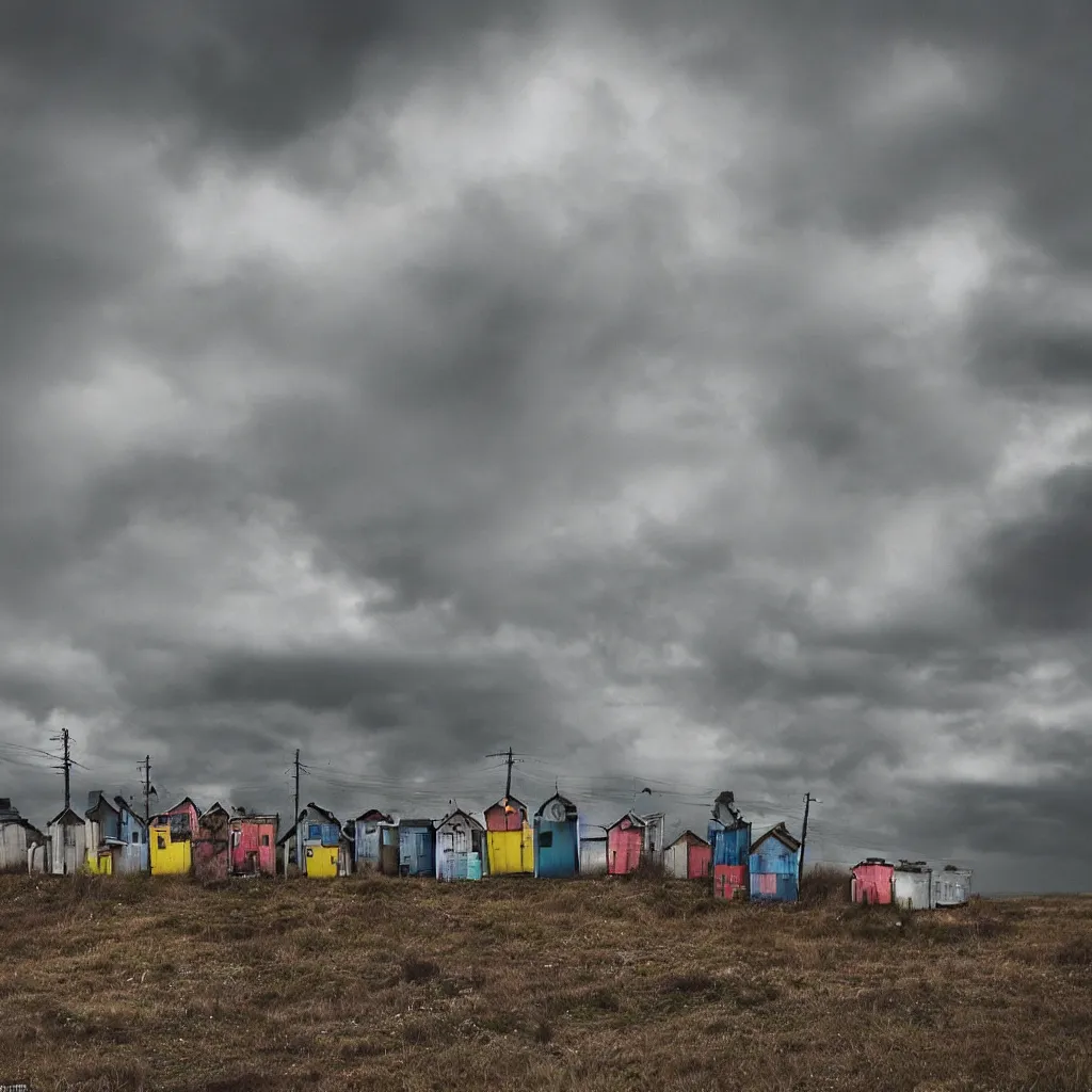 Image similar to towers made up of colourful makeshift squatter shacks, bleached colours, moody cloudy sky, dystopia, mamiya, very detailed, photographed by cristina de middel