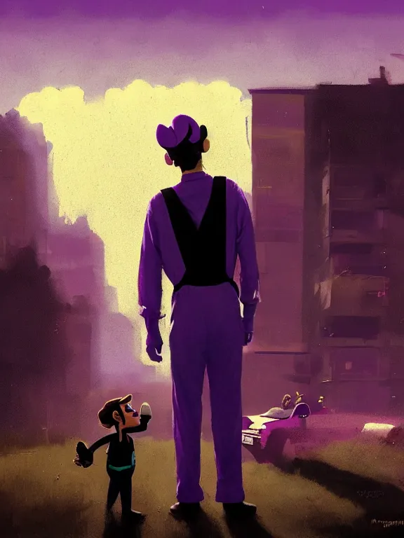 Image similar to A movie still portrait of Waluigi outside wearing purple suspenders staring out the window while Mario delivers his food on a tray while wearing a Red suspenders outfit. Sunlight from the morning foreground sky by ismail inceoglu, craig mullins, can basdogan, frank frazetta, mike franchina, ariel perez, bar tosz domiczek, iain mccaig, Breath of the wild, studio ghibli