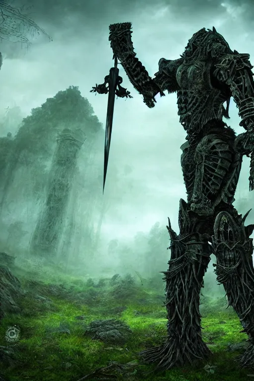 Image similar to post - gothic giant muscular humanoid chimera, exoskeleton armor, holding katana, dystopian ruins covered in vegetation, highly detailed smooth digital art masterpiece, vitaly bulgarov giger dramatic dark teal light, ground angle hd 8 k, sharp focus