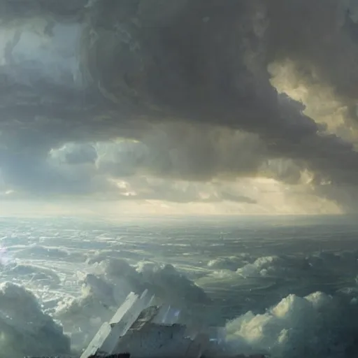 Prompt: Panorama view of a hurricane lifting the ruins of an ancient city into a sea of clouds, oil painting, by Greg Rutkowski