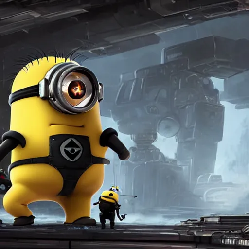 Prompt: A giant cute Minion being worked on by technicians in a mech bay, Battletech, evangelion concept art, sharp lighting, 4k, detailed, bright colors