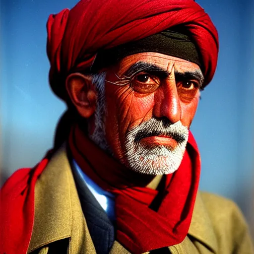 Image similar to portrait of president woodrow wilson as afghan man, green eyes and red scarf looking intently, photograph by steve mccurry