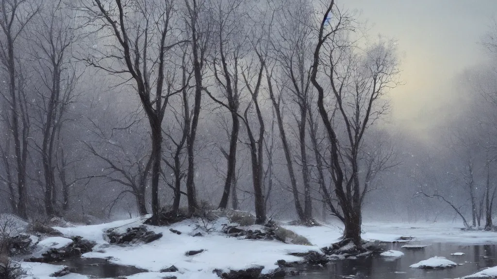 Prompt: A beautiful landscape oil painting of a hill with trees, the winter has arrived and the leafs are covered with snow to become white, the river is zigzagging and and frozen, the river has lots of dark grey rocks, by Greg Rutkowski