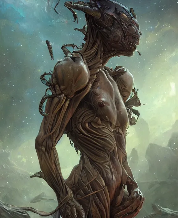 Image similar to portrait of a shining predatory insect alien monster, muscles, rippling, milky way environment, ultra realistic, concept art, intricate details, eerie, highly detailed, photorealistic, octane render, 8 k, unreal engine. art by artgerm and greg rutkowski and alphonse mucha