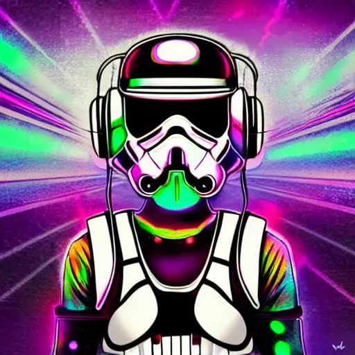 Prompt: artgerm, psychedelic laughing cybertronic storm trooper, rocking out, headphones dj rave, digital artwork, r. crumb, svg vector