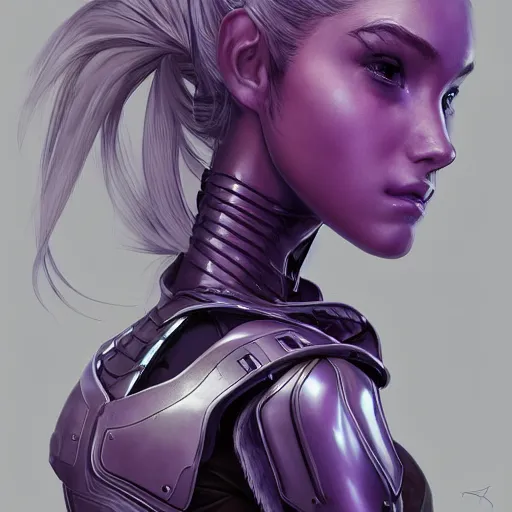 Prompt: close up portrait of a madison beer in smooth purple sci - fi armor, long black ponytail, elegant, intense, woman, an ultrafine hyperdetailed illustration by kim jung gi, irakli nadar, intricate linework, sharp focus, bright colors, octopath traveler, final fantasy, unreal engine 5, global illumination, radiant light