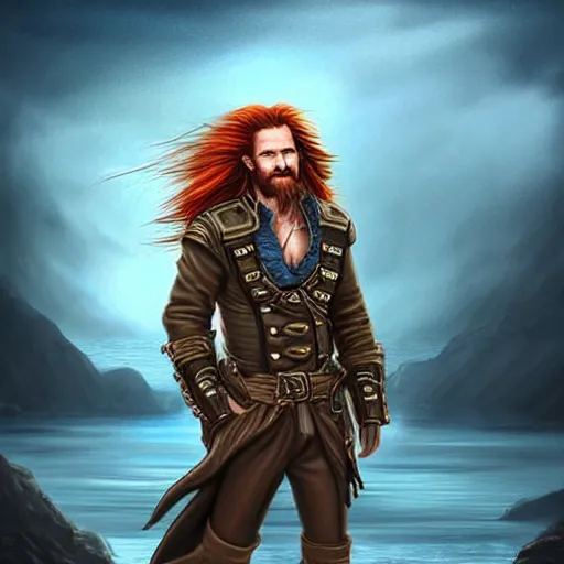 Prompt: portrait of a rugged!!!! male captain with long red hair!!!!!!, upper body, flowing hair, ethereal, handsome, smirk, leather coat, pirate!!!!!!!, ocean, D&D, fantasy, simple clothing!!!!, elegant, highly detailed, digital painting, deviantart, artstation, concept art, sharp focus, illustration, art by Artgerm and Greg Rutkowski and Alphonse Mucha