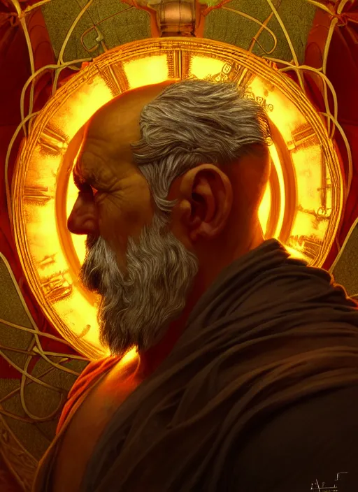 Image similar to the god hephaestus, old man, fiery hair, glowing eyes, volumetric lights, yellow and red scheme, art nouveau botanicals, gothic, intricate, highly detailed, digital painting, artstation, concept art, smooth, sharp focus, symmetric face, illustration, steampunk, art by artgerm and greg rutkowski and alphonse mucha