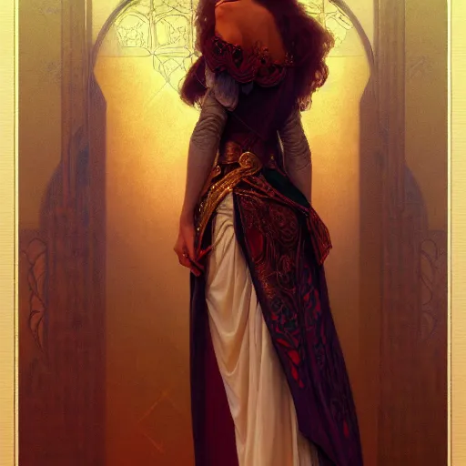 Image similar to character portrait of a modest woman, tall, feminine, powerful, modestly clothed, voluminous, intricate, elegant, highly detailed, digital painting, artstation, smooth, symmetrical, sharp focus, illustration, art by gaston bussiere and alphone mucha