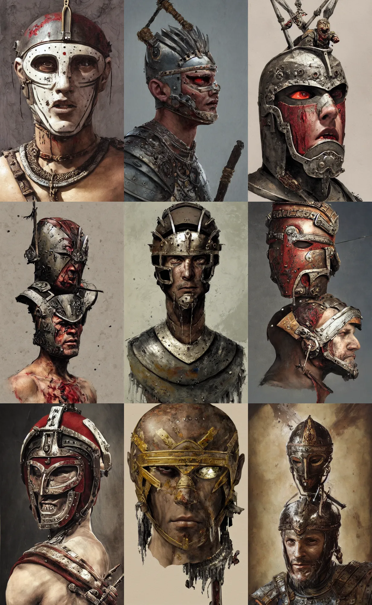 Prompt: A mixed media portrait painting of a man wearing the roman gladiator mask-of-Damocles, detailed mask, detailed jaw and eyes, detailed head and shoulders, dried blood, by Frank Frazetta, Greg Rutkowski, Beeple, Yoko Taro, Christian MacNevin, epic fantasy character art, roman numerals, high fantasy, CGsociety, full length, exquisite detail, post-processing, masterpiece, volumetric lighting, cinematic