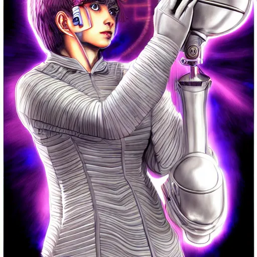 Image similar to A sorcerer wielding a futuristic blast cannon, bust shot, smooth, intricate, elegant, power aura, digital painting, artstation, concept art, high tech fantasy, sharp focus, illustration, art by Shintaro Kago-H 640
