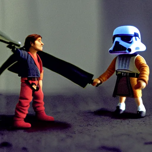 Image similar to claymation scene from star wars of darth vader lightsaber battle against luke skywalker