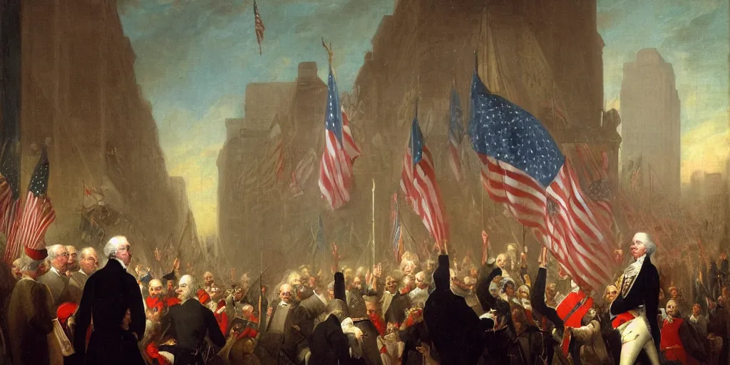 Image similar to a medium shot of george washington giving a speech in times square with bilboards in the backround and a large crowd carrying american flags and carrying torches by gerard seghers, the denial of st. peter