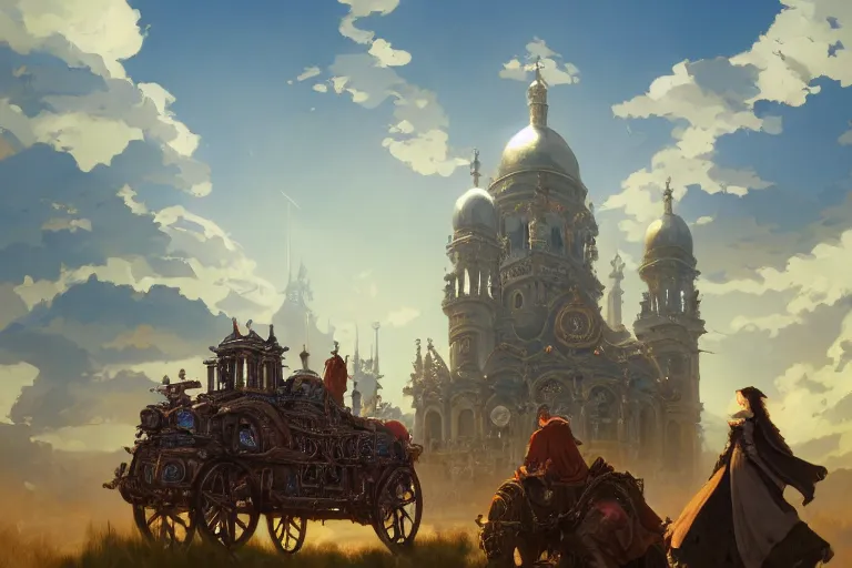 Image similar to an mobile ornate baroque church with chain wheels, mortal engines, scene in an open field. key visual, conceptart, ambient lighting, highly detailed, digital painting, artstation, concept art, sharp focus, by makoto shinkai and akihiko yoshida and greg manchess