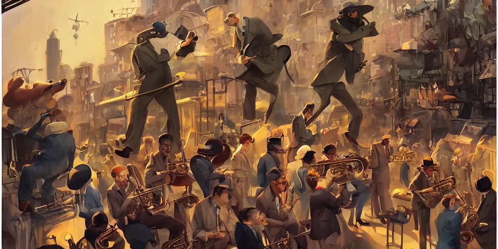 Prompt: [ jazz band ] in the style of blacksad by stanley artgerm lau, wlop, rossdraws, james jean, andrei riabovitchev, marc simonetti, and sakimichan, kim keever vibrant colors trending on artstation in disco elysium