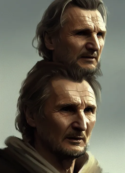 Image similar to old Liam Neeson, short beard! long hair! robes! modern, highly detailed, digital painting, artstation, concept art, sharp focus, illustration, by greg rutkowski