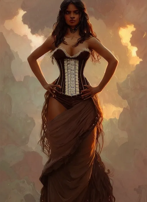 Image similar to cute brown woman wearing a transparent corset dress, fantasy, intricate, highly detailed, digital painting, artstation, concept art, wallpaper, smooth, sharp focus, illustration, art by artgerm and greg rutkowski and alphonse mucha