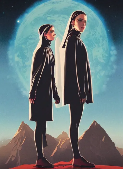 Prompt: poster artwork by Michael Whelan and Tomer Hanuka, Karol Bak of Emma Watson nun and Kiernan Shipka scientist, team up, science vs religion, from scene from Twin Peaks, clean