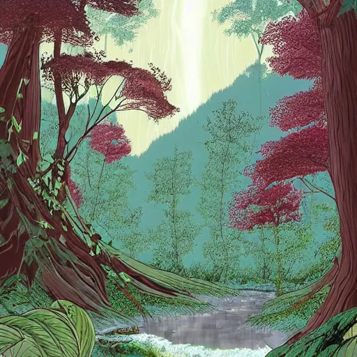 Prompt: A beautiful experimental art of a serene and picturesque forest scene. The leaves are all different shades of green, and the sunlight is shining through the trees. There is a small stream running through the forest, and the whole scene is surrounded by mountains. amaranth, Carboniferous by Rumiko Takahashi, by Jamie McKelvie offhand