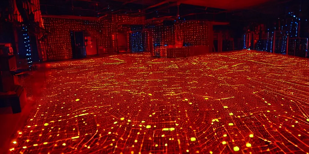 Image similar to 9-track machines made of digital grids and glowing stones with embedded LEDs. amber glowing screens.