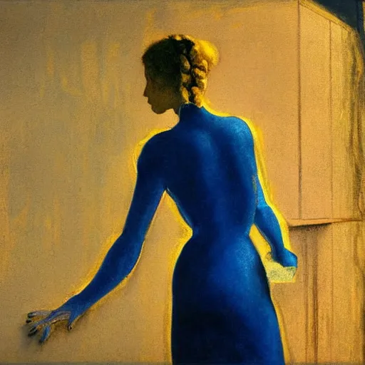 Image similar to close up of a girl in a blue and gold haunted liminal abandoned room, film still by edward hopper, by Pontormo, by klimt, art noveau, highly detailed, strong lights, liminal, eerie, Bright pastel colors