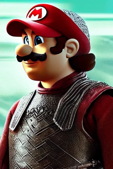 Image similar to “ very intricate photorealistic photo of a realistic human version of super mario in an episode of game of thrones, photo is in focus with detailed atmospheric lighting, award - winning details ”