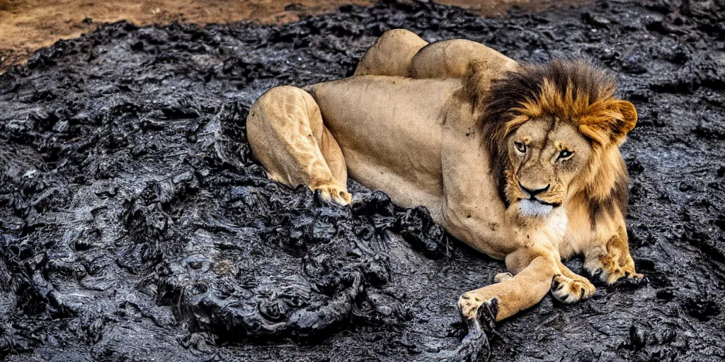 Image similar to a lion made of tar bathing inside the tar pit, full of tar, covered with liquid tar. dslr, photography, realism, animal photography, color, savanna, wildlife photography