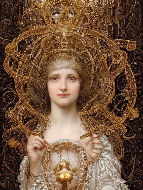 Image similar to a beautiful render of baroque catholic veiled between the red queen and the white queen,sculpture with symmetry intricate detailed,by Lawrence Alma-Tadema, peter gric,aaron horkey,Billelis,trending on pinterest,hyperreal,jewelry,gold,intricate,maximalist,glittering,golden ratio,cinematic lighting