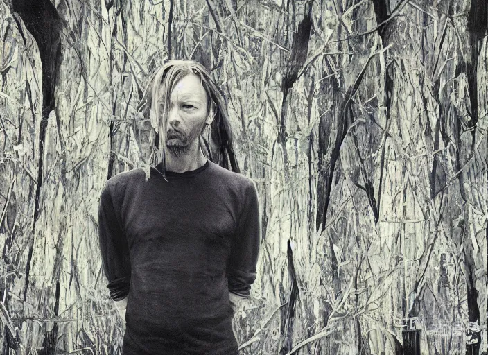 Prompt: beautiful photographs of prints of thom yorke picture on a table, hyper realistic, variations of thom yorke, ( forest ), high quality photographs, various mixed styles, intricate details, diverse colors, deep emotional impact