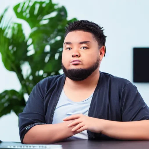 Image similar to a young man called richard being slightly obese sitting in front of hos lenovo thinkpad laptop and talking to himself