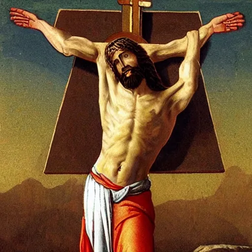 Image similar to jesus on a crucifix. his head is a bald eagle's head and his arms are wings.