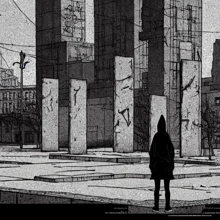 Image similar to sadie sink in hoodie sits on bench in ruined square, pedestrians walk by, old soviet monument. storyboard, scifi cyberpunk. by gabriel hardman, joe alves, chris bonura. cinematic atmosphere, detailed and intricate, perfect anatomy