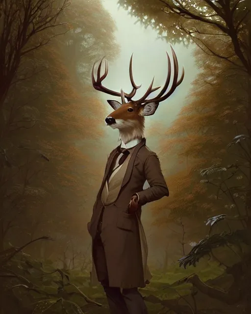 Image similar to anthropomorphic art of a scientist deer, victorian inspired clothing by artgerm, krenz cushart, victo ngai, ryohei hase, artstation. leaves, paper. highly detailed digital painting, smooth, global illumination, fantasy art by greg rutkowsky, karl spitzweg