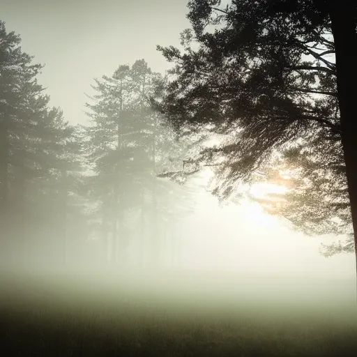 Image similar to forrest, mist, evening, dramatic shadows