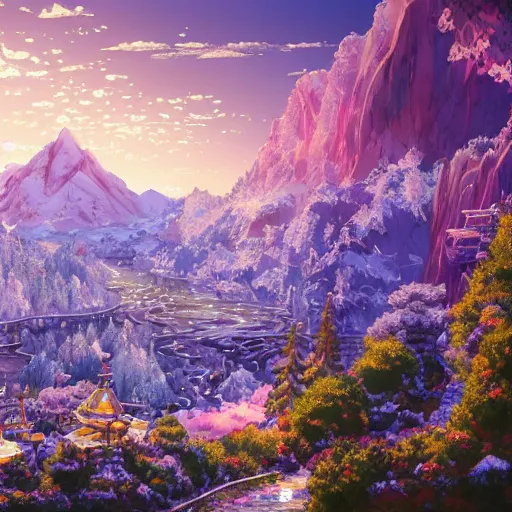 Image similar to the aesthetic view of the beautiful, grand, wistful, dreamy snowcapped mountain at dusk, hyperrealistic anime illustration by iralki nadar, colorful, extremely detailed, intricate linework, super sharp focus, bright colors, octopath traveler, studio ghibli, unreal engine 5 highly rendered, global illumination, radiant light, detailed and intricate environment