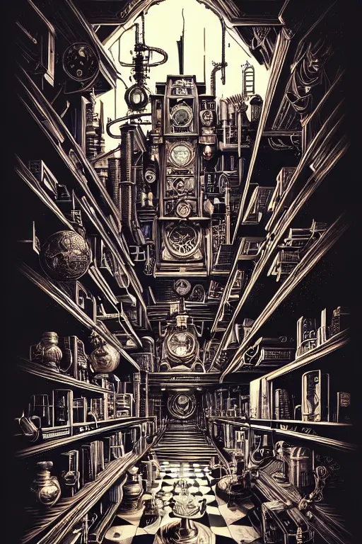 Image similar to a majestic steampunk alchemists bookshelf, two point perspective, furniture, high details, bold line art, by vincent di fate and joe fenton, inking, etching, screen print, masterpiece, trending on artstation, sharp, high contrast, hyper - detailed,, hd, 4 k, 8 k