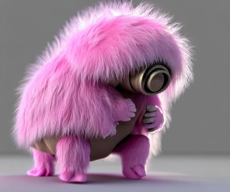 Image similar to high quality 3 d render hyperrealistic very cute small tardigrade, plush mascot, short spiky dense fluffy smooth hair, photo from the side, pink fluffy fur, 1 5 0 mm, beautiful natural soft light, rim light, vray, smooth background, artstation, ultra detailed