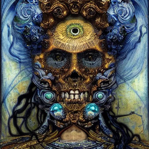 Image similar to Memento Mori by Karol Bak, Jean Deville, Gustav Klimt, and Vincent Van Gogh, beautiful visionary mystical portrait, calavera, otherworldly, fractal structures, ornate gilded medieval icon, third eye, spirals, jeweled calavera by Van Gogh and Amano