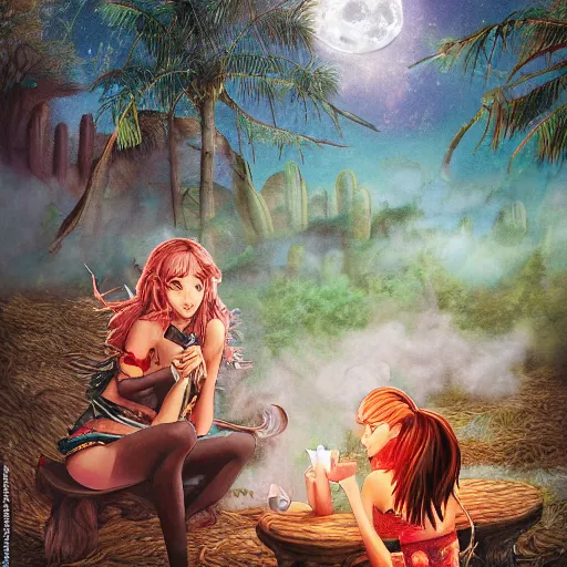 Prompt: richly detailed colored pencil 3 d illustration spartan tea at campfire with trichocereus jungle background smoke haze full moon ayahuasca peyote art by rossdraws range murata and artgerm