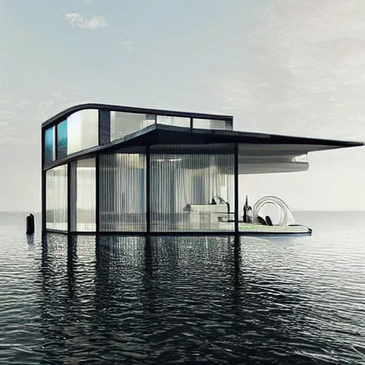 Image similar to ” water floating futuristic house surrounded by water ”